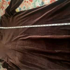 Dress, brown velour/velvet fabric. Long sleeve, high collar, zip back.